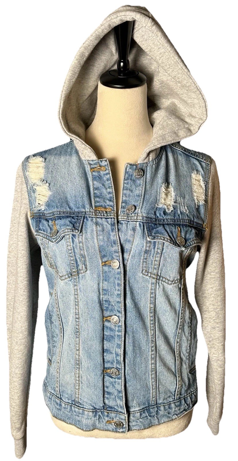 Denim Jacket Sweatshirt Sleeves Hoodie Distressed Blue Gray Women's Sz S Grunge-image