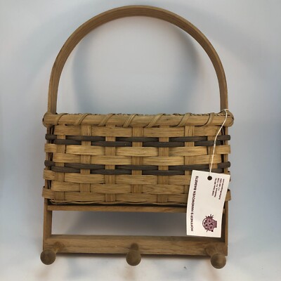 Hoffner's Handwoven Wall Basket w 3 pegs signed CH 2006 Country Foyer Organizer