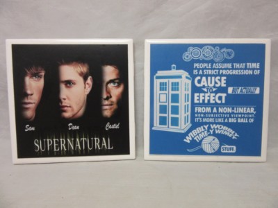Dr. Who & Supernatural Fandom tile coasters. Sam, Dean. Castiel. The TARDIS