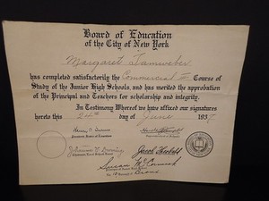 vintage junior high school diploma 1937 nyc board of education jhs hischool diploma