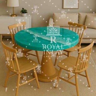 Ocean Wave Resin Table | Teal Epoxy Round Tabletop | Coastal-Inspired Table