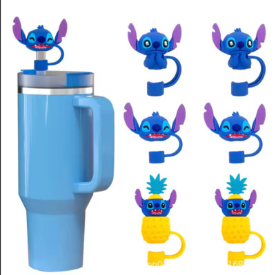 Set of 3 3D Food Grade Silicone Disney Stitch Stanley Tumbler Straw Toppers Caps