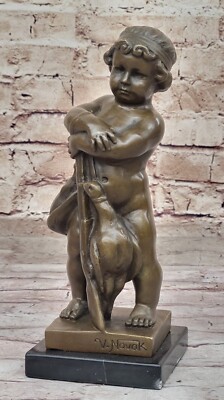 Museum Qualität Novaks Unterzeichnet Kind Und Ente Bronze Statue Fein Kunstwerk