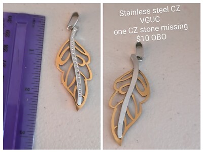 Cubic Zirconia Accent Feather Pendant Stainless Steel