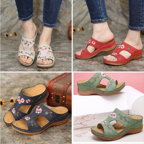 Womens Wedge Heel Slip On Sandals Flower Beach Ladies Walking Mules Shoes Summer - Picture 12 of 18