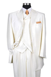 Men's 3 Piece Luxurious Suits Wool Feel Herring Bone Stripes Cream 38R~60L