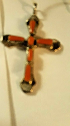 NEW Sterling Silver Pendant Cross with Coral  Stones Native American Made Signed - Picture 1 of 3