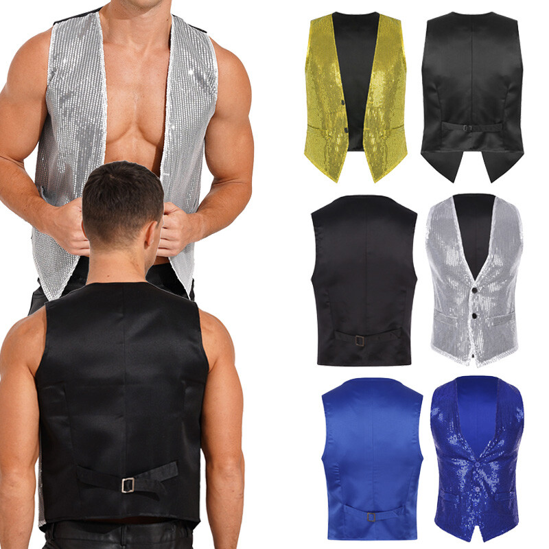 Mens Sequin Vest Waistcoat Prom Party Shiny Jacket Dress Suit Club Dance  Costume