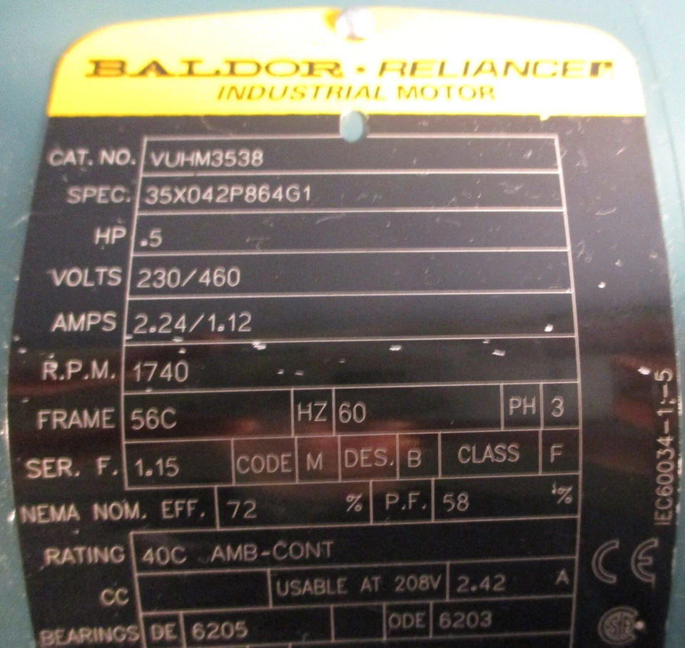 Baldor Reliance VUHM3538 Industrial Motor 35X042P864G 0.5HP 1740RPM 5/8" Shaft D - Image 3 of 4