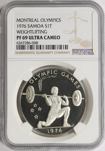 1976 Samoa Silver 1 Tala Montreal Olympics Weightlifting NGC PF69UCAM POP 5/0