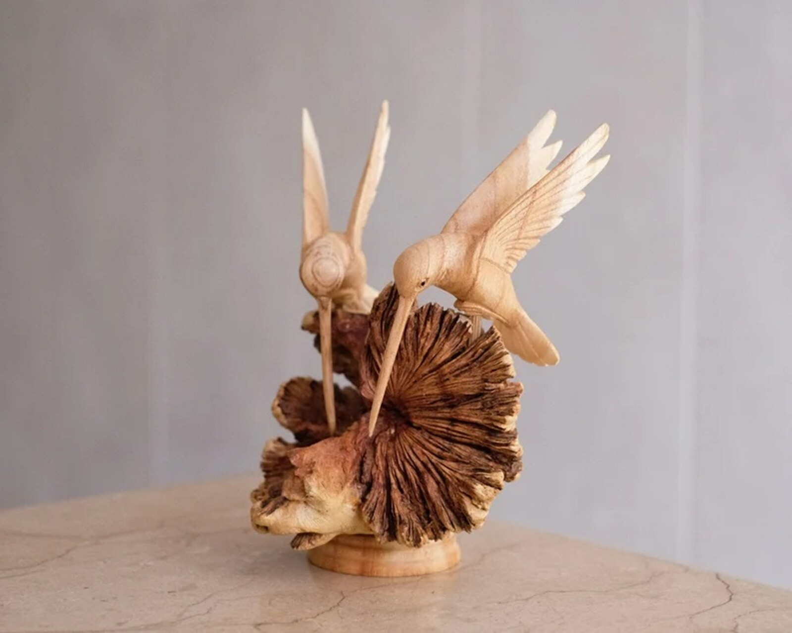 Hummingbird Couple Statue, Wooden Art, Flower, Sculpture, Decor, Gift