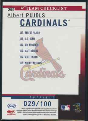 Albert Pujols 2003 Donruss Leaf Press Proof Team Checklist 29/100 