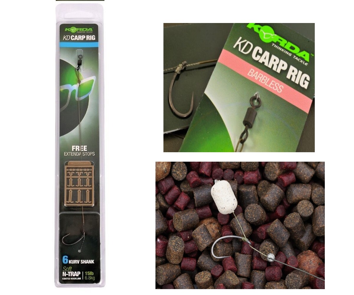 Korda KD Carp Rig Size 6 Hook Barbless Kurv Shank Pre Tied Extenda Stops KCR047