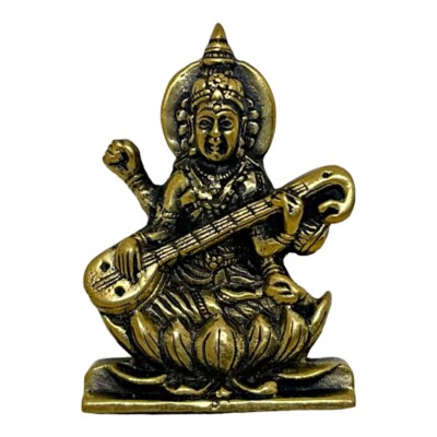 Saraswati Goddess Playing Veena Om Aum Brass Amulet Pendant Hindu Spiritual Gift