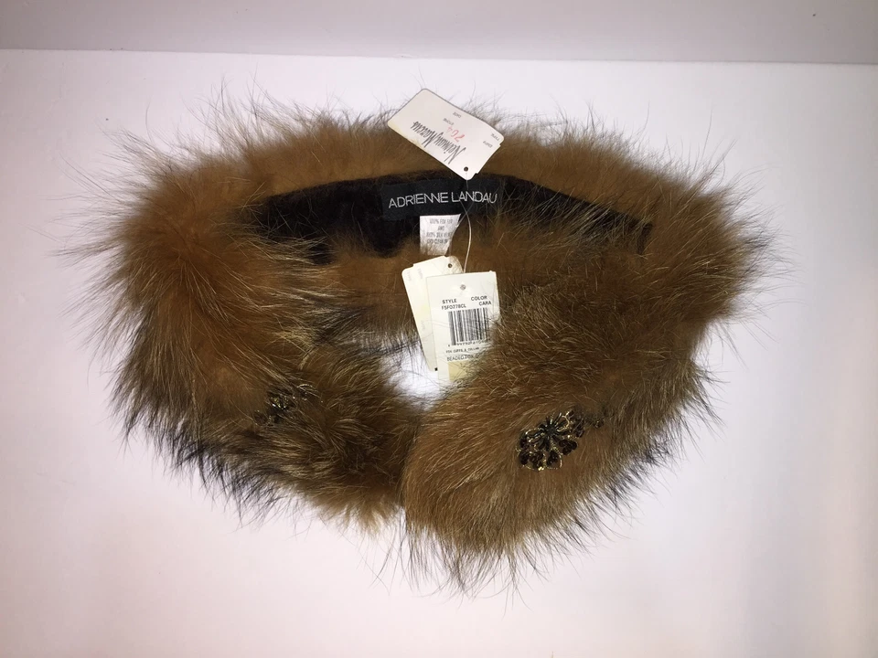Polaina cuello piel cola de zorro floral con cuentas marrón tostado Adrienne Landau nuevas etiquetas Foto 4 de 4