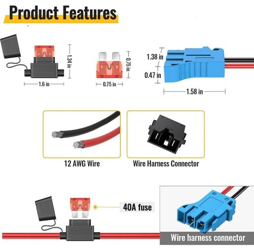 For Power Wheel Adapter for Ryobi 18V Battery Adapter with Fuse & Switch 12AWG - Picture 2 of 9