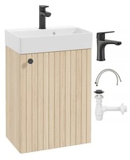 Hängender Badezimmerschrank mit Waschbecken und schwarzem Wasserhahn, 50x70 cm