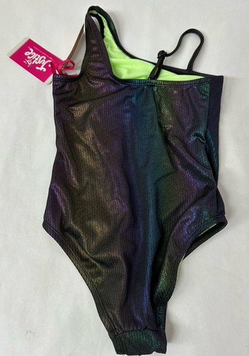 Justice Small Girls' Sport Rib Shine Swimsuit SPF 50+ Black Iridescent NEW - Picture 2 of 5