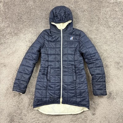 K-Way Jacket Womens S Blue White Reversible Parka Puffer Hooded Quilted Full Zip