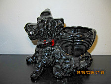 VTG Black Ceramic Scottie Scottish Terrier Dog Planter with Red Bow 7" T x 9" L