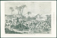 1874 Antique Print - AFRICA Rising Nile Egyptian Soldier Repairing Breach  (176)