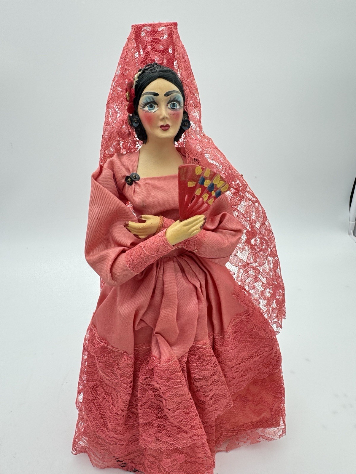 Vintage Mexican Doll Traditional Dusty Rose Dress/Head Lace 