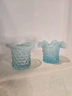 Fenton Blue Opalescent Ruffle Top Hat Glass Vases & Blue Hobnail Top Hat Set