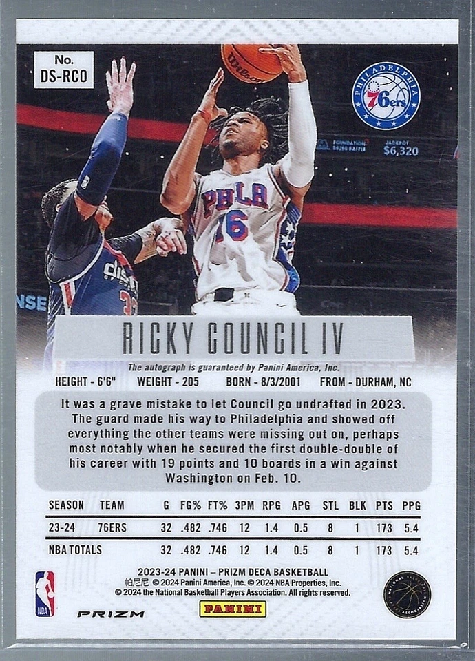 2023-24 Panini Prizm Deca Ricky Council IV #DS-RCO Silver Prizm Auto RC 76ers - Image 2 of 2