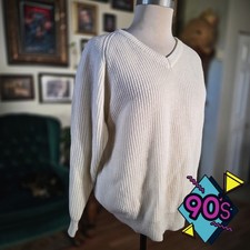 Vintage 90s Chemise Lacoste V-Neck Sweater Ribbed Knit Made in France L