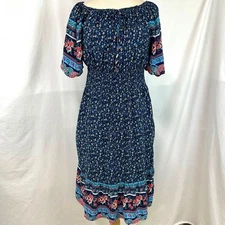 KINDRED Navy Floral Peasant Dress Smocked Ruffle Bohemian Womens Plus 2x Prairie