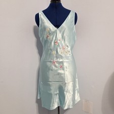 L.A. Intimates Turquoise Embroidered Floral Satin Slip Dress Size M
