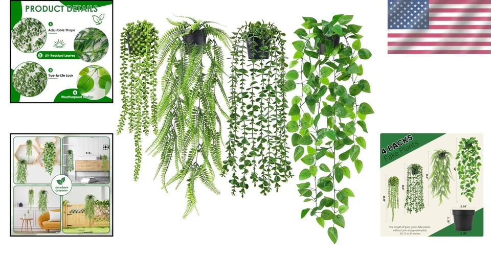 Elegantes plantas colgantes de hiedra y helecho artificiales de 4 piezas en macetas negras - sin mantenimiento Foto 2 de 4
