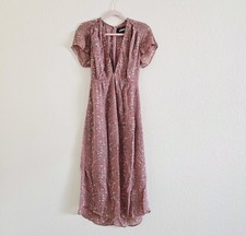 REFORMATION Floral Midi Short Sleeve Dress 4 Pink Rose Chiffon Deep V-neckline 