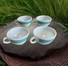 Vtg Corning Milk Glass Aqua Stripe Coffee Cup Mug Restaurant Ware Set of 4 EXC