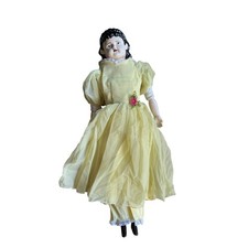 26 Large vintage German China head Shoulder Doll in yellow dress black hair