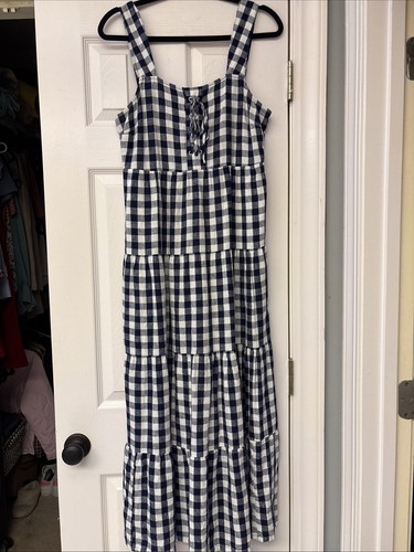 Who What Wear Womens Dress S Blue Gingham Linen Country Beachy Farm Lace Up - Picture 4 of 9