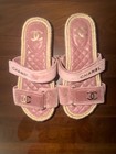 CHANEL Pink Velvet Quilted Espadrille Double Strap Slide Sandals CC Logo Women's — photo 2