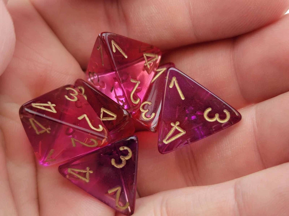 双子座 18 毫米 4 面 D4 骰子,6 件 - 半透明红色紫色带金色 — 第 2/2 张图片