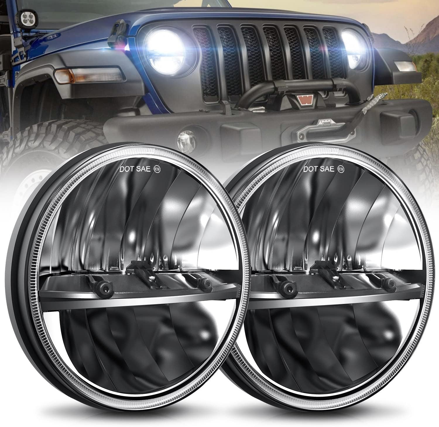 UNI-SHINE 7 inch LED Headlight 2PCS Round Headlamp High Low Beam Black
