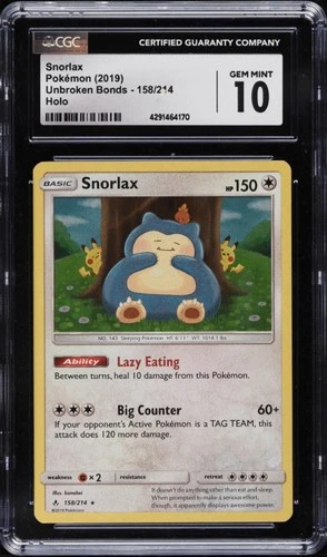 2019 Pokemon Sun & Moon Unbroken Bonds Holo Snorlax #158 CGC 10 GEM MINT