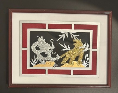 Chinese 3D Foil Wall Art Gold Tiger And Silver Dragon Framed