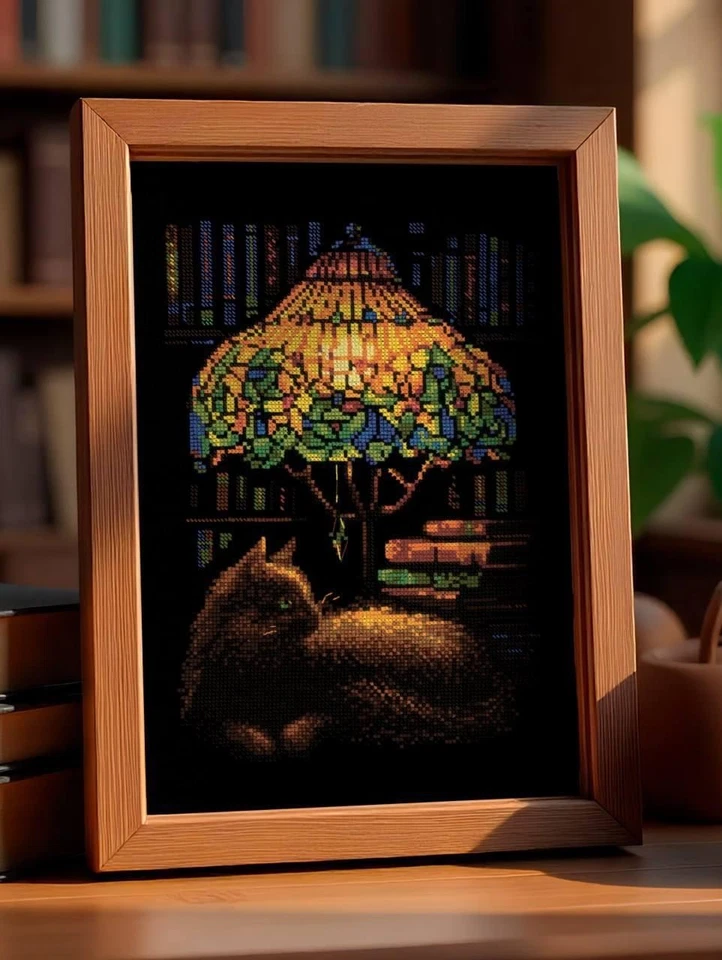 Kit de punto de cruz contado RIOLIS 2281 libro noche - gato jengibre y hermosa lámpara Foto 4 de 4