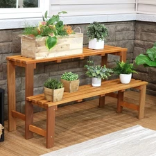 2-Tier Meranti Wood Plant Stand with Teak Oil Finish - 24 in by Sunnydaze