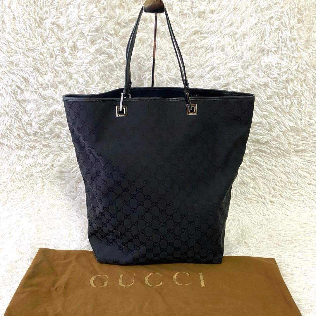 Gucci Vintage GG Canvas Bucket Bag Unisex Black Large Capacity Leather