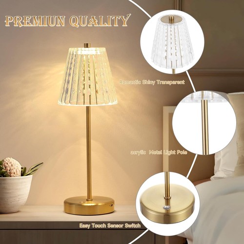 Gold Touch Table Lamp, Stepless Dimming Crystal LED Lamp w/3 Modes Rechargeable - Picture 7 of 10