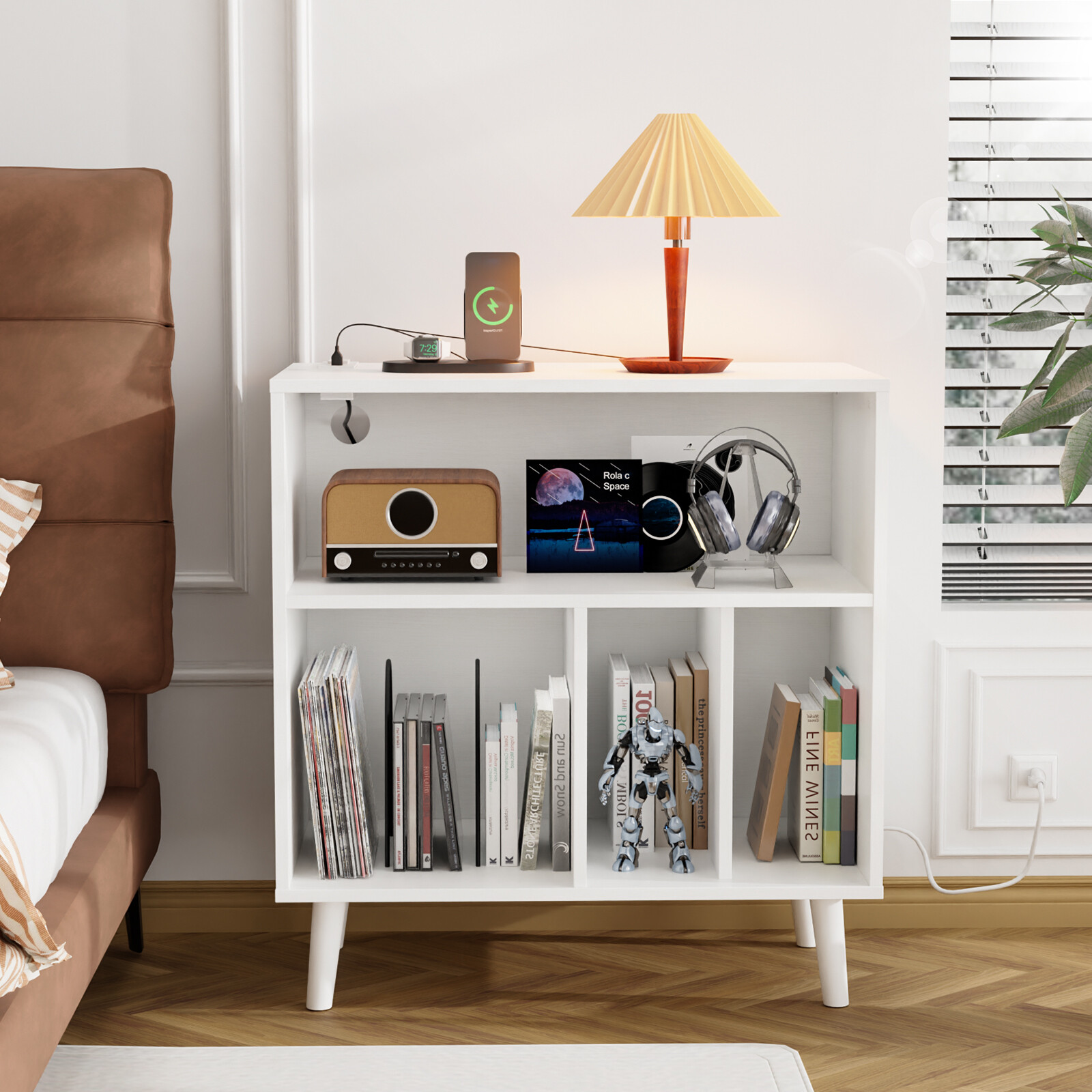 RGB LED Vinyl Record Player Stand with USB Outlet and Storage Cabinet-image