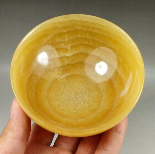 4.2" Beautiful Chinese Yellow Jade Hand Carved Topaz Bowl Jade Cup Ornament - Picture 2 of 4
