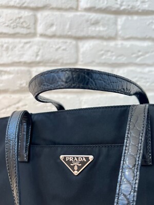 Prada Milano Black Nylon Logo Tessuto & Cocco Lock & Key Shoulder