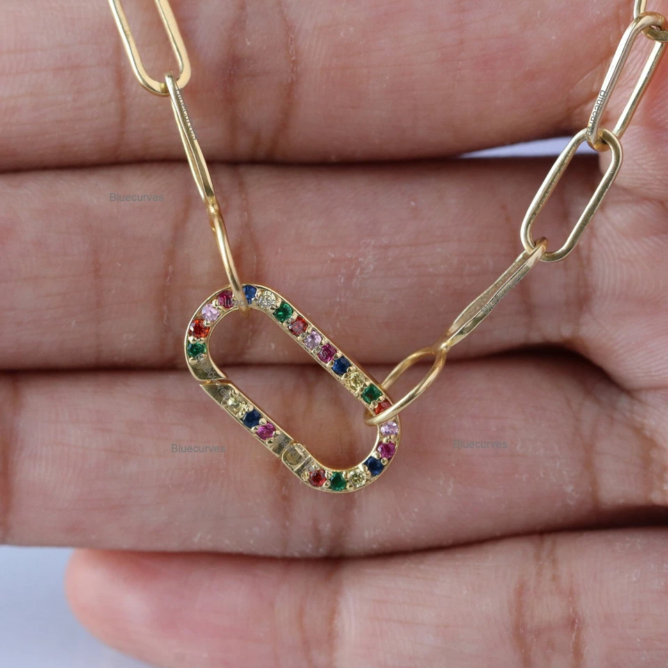 Rainbow Sapphire Enhancer Oval Charm Pendant Lock In 14k Yellow Gold Jewelry - Image 3 of 4