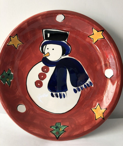 Gibson Housewares Christmas Dessert Plate Red with Snowman Stars & Snowballs 8" - Picture 2 of 8